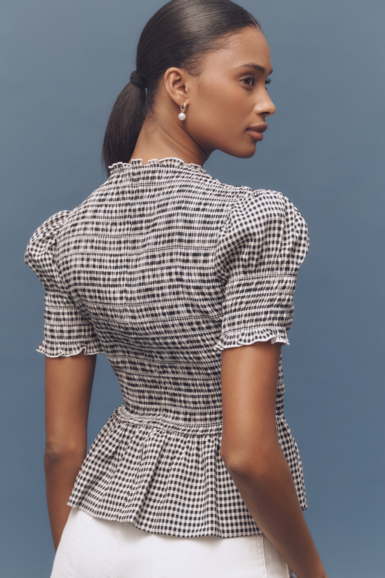 Reformation Aggie Puff-Sleeve Smocked Peplum Top