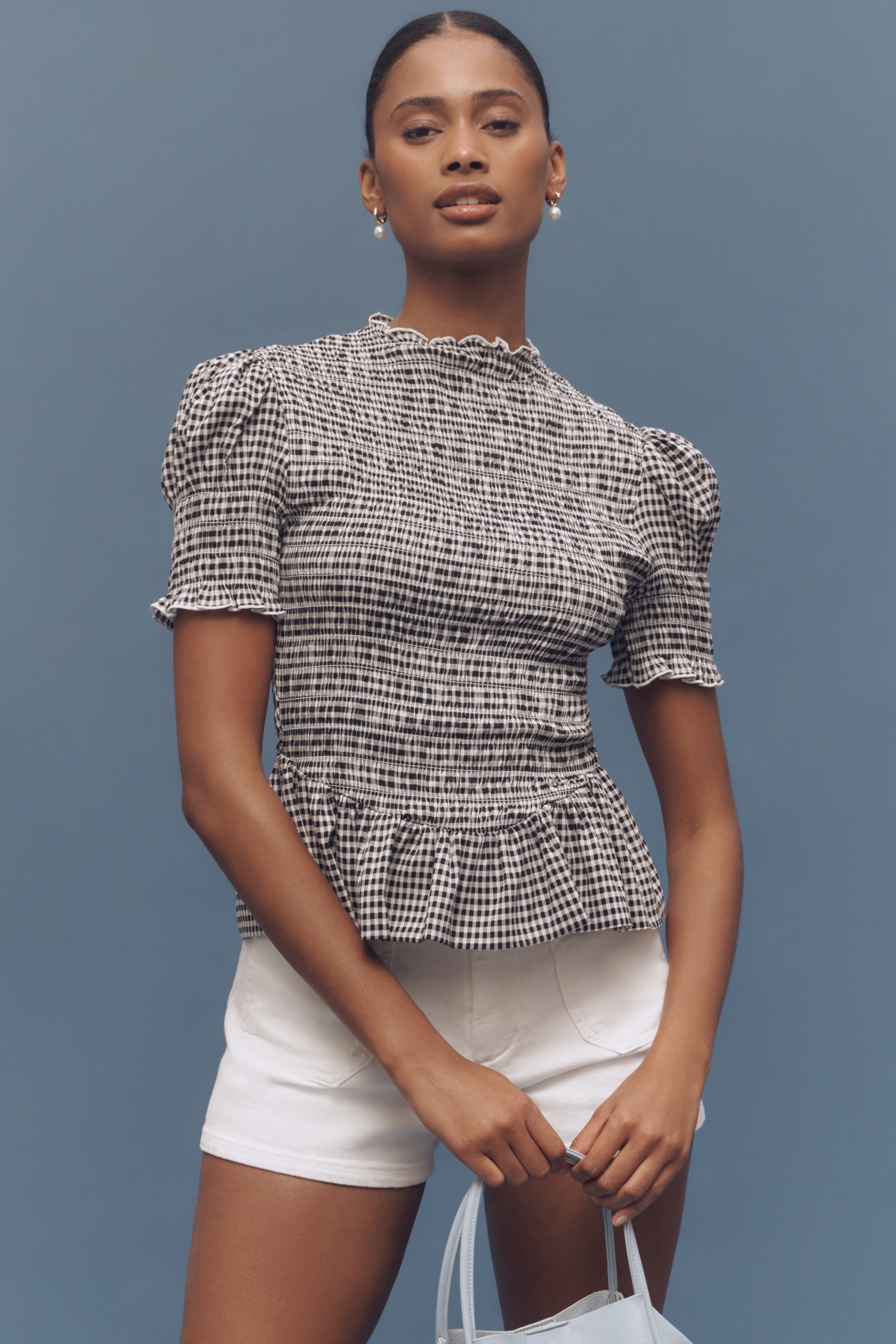 Reformation Aggie Puff-Sleeve Smocked Peplum Top