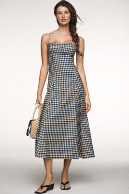 melony floral gingham midi dress by reformation Reformation Melony Floral Gingham Square Neck Linen Midi Dress In Al Fresco  - 25% Off