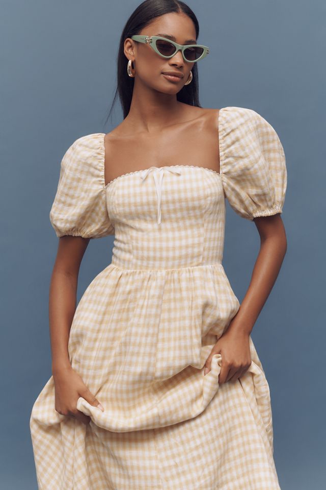 Reformation Marella Linen Puff-Sleeve Dress