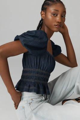 Reformation Aliya Short-sleeve Ruched Denim Top