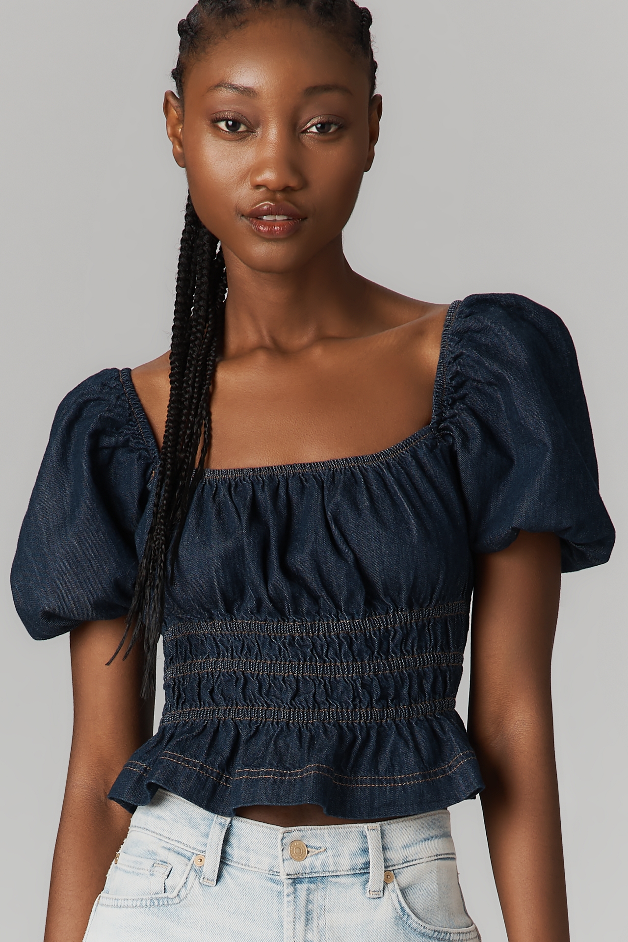 Reformation Aliya Short-Sleeve Ruched Denim Top