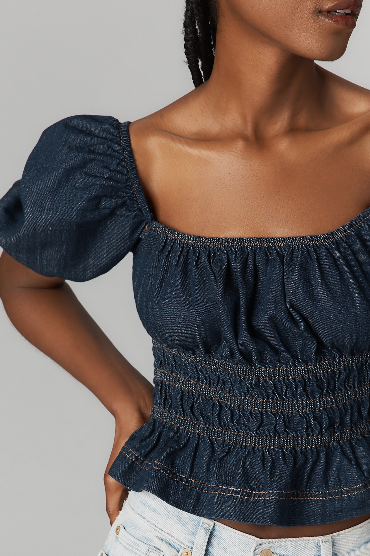 Reformation Aliya Short-Sleeve Ruched Denim Top
