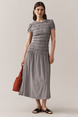 Reformation Womens Remy Check Kiria Shirred-bodice Check Woven Midi Dress In Neutral