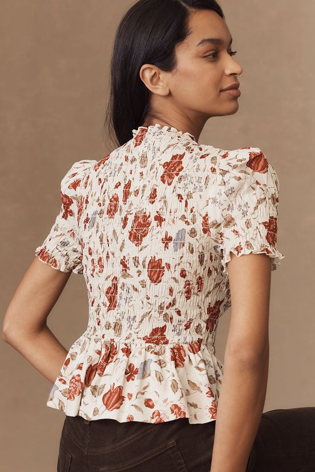 Reformation Aggie Puff-Sleeve Smocked Peplum Top #1