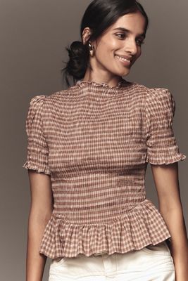 Reformation Aggie Puff-Sleeve Smocked Peplum Top