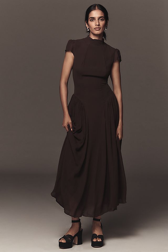 reformation brown dress Serafina Silk | 100% viscose self and lining Reformation Helia Dress - dark