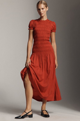 Reformation Kiria Smocked Midi Dress In Brown