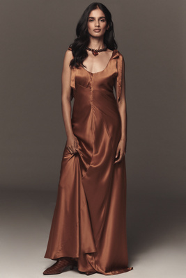 Reformation Pernille Tie-strap Silk Maxi Dress In Brown