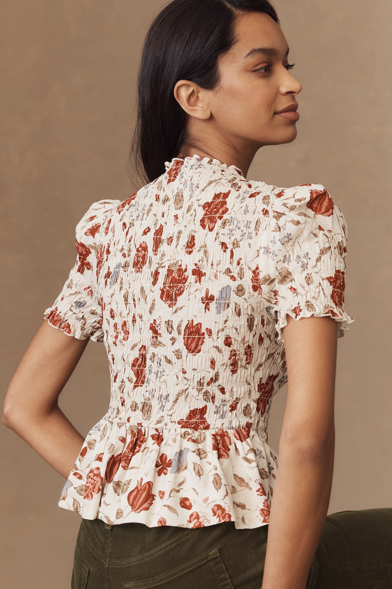 Reformation Aggie Puff-Sleeve Smocked Peplum Top