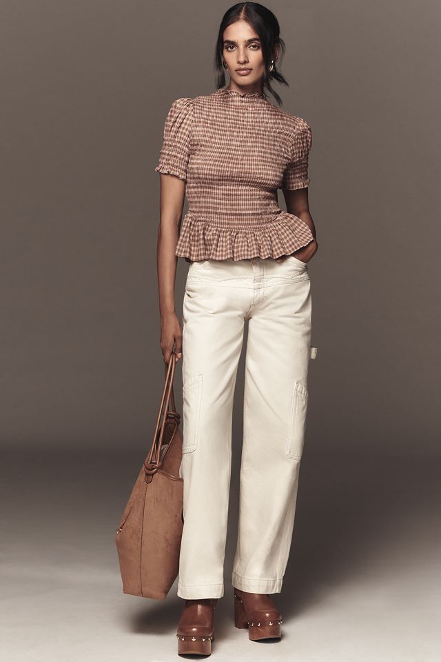 Reformation Aggie Puff-Sleeve Smocked Peplum Top #3