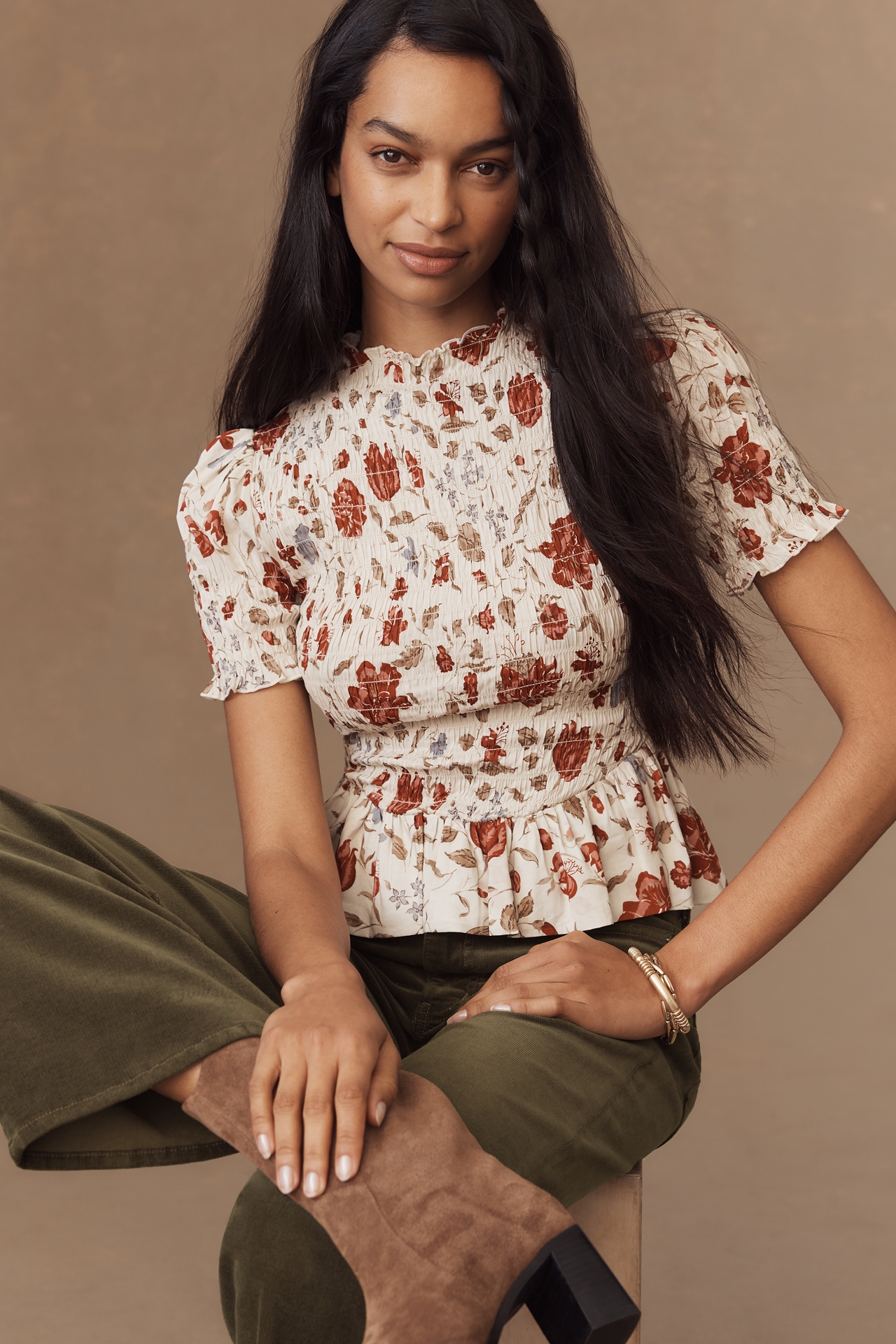 Reformation Aggie Puff-Sleeve Smocked Peplum Top