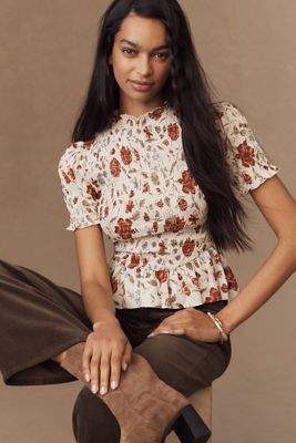 Reformation Aggie Puff-Sleeve Smocked Peplum Top