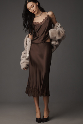 Reformation Carolina Lace-hem Silk Midi Skirt In Brown