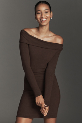 Reformation Elio Off-shoulder Knit Mini Dress In Brown