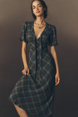 Reformation Tyra Short-sleeve V-neck Midi Dress In Blue