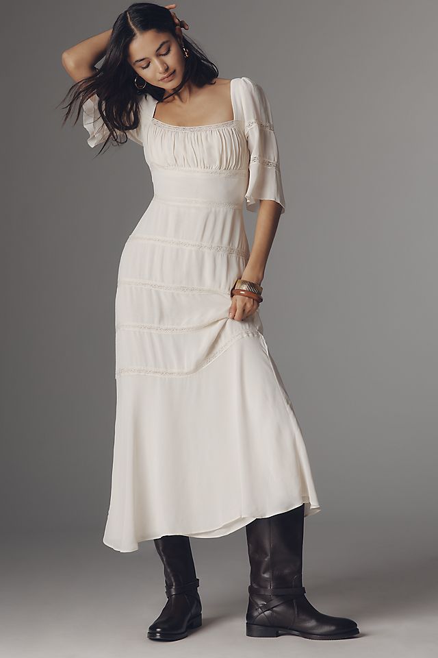 bell sleeve midi dress Doting Cut-Out Blush Perfect for weddings Solid Ruffle Bell Sleeve Midi