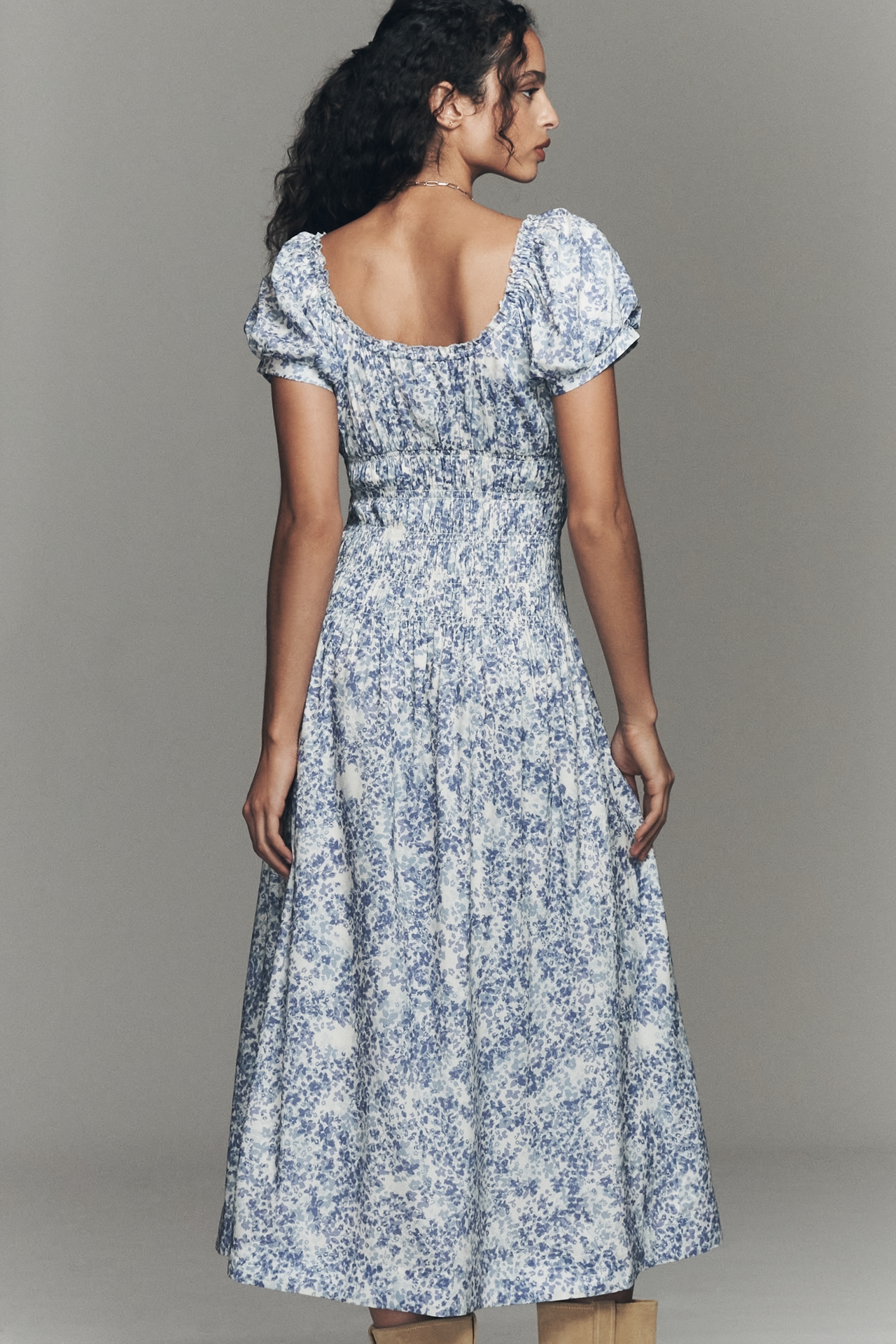 Reformation Riva Smocked Puff Sleeve Midi Dress