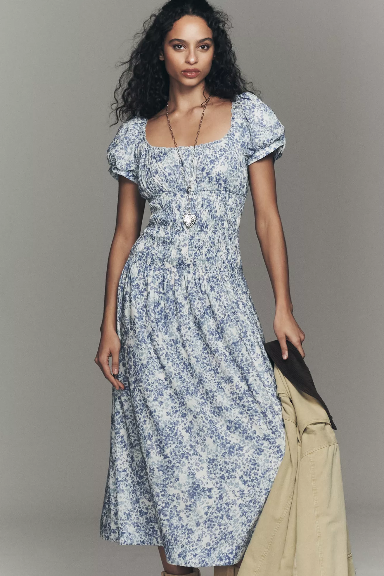 Reformation Riva Smocked Puff Sleeve Midi Dress