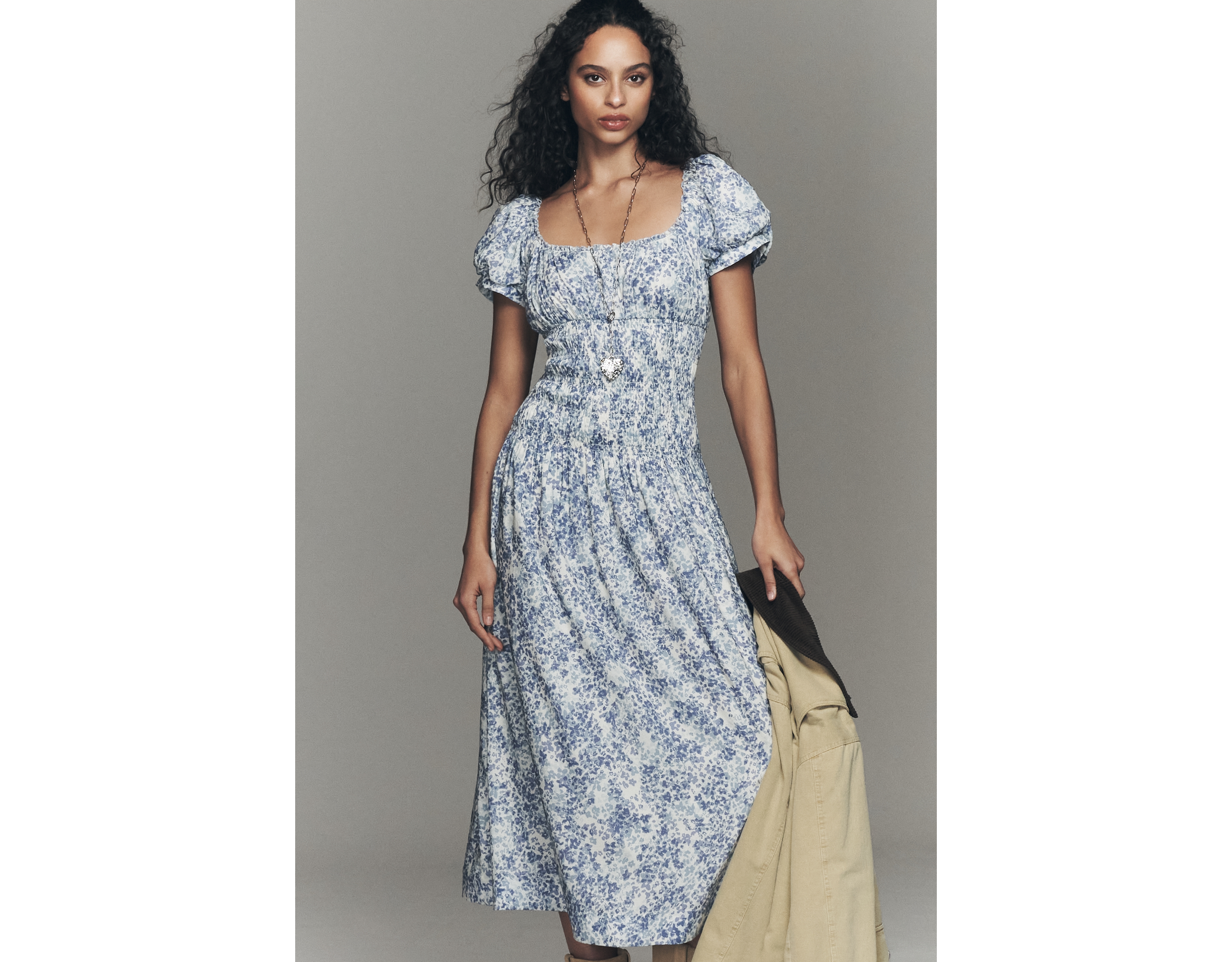 Reformation Riva Smocked Puff Sleeve Midi Dress
