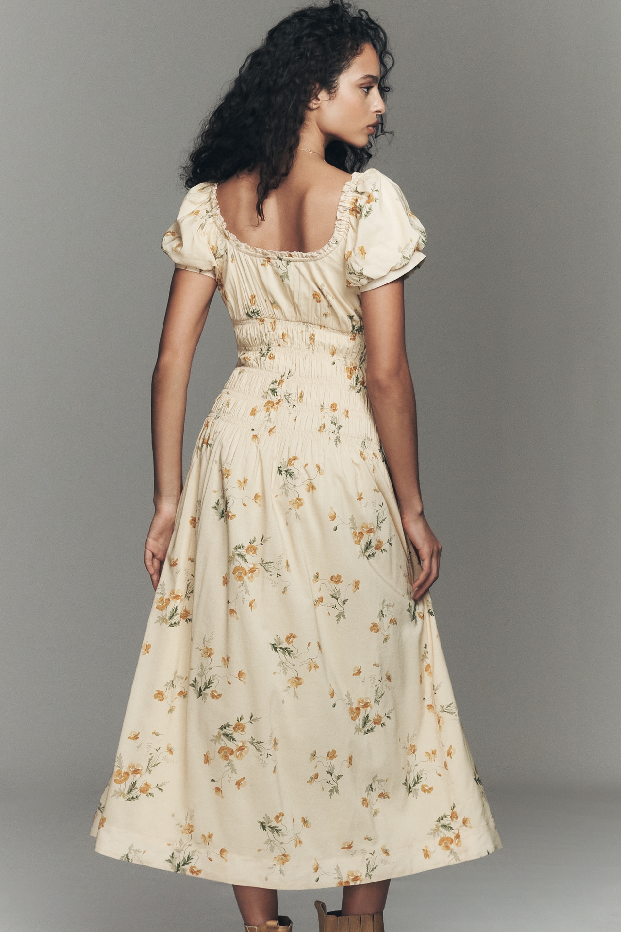 Reformation Riva Puff-Sleeve Smocked Midi Dress