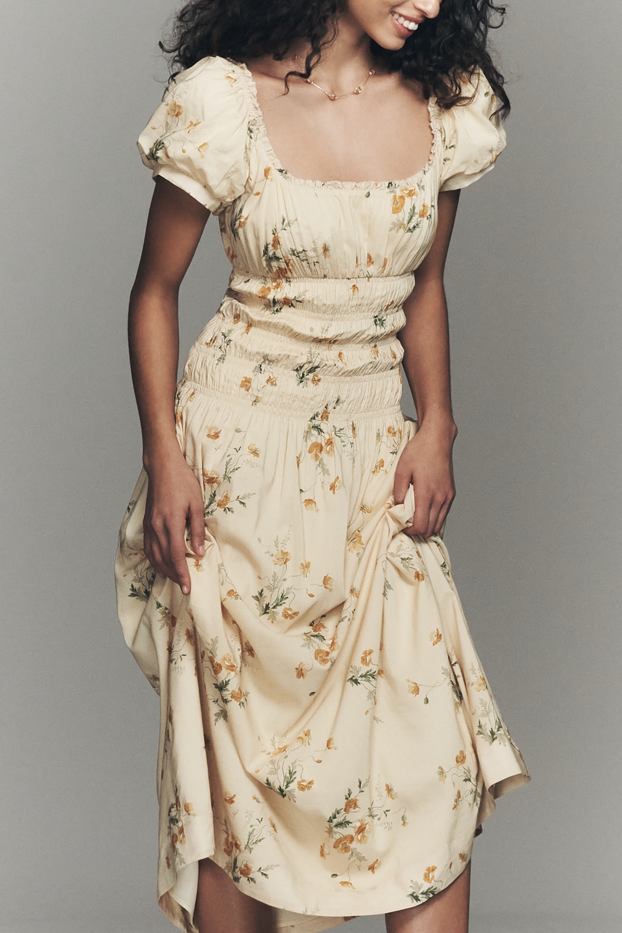 Reformation Riva Puff-Sleeve Smocked Midi Dress