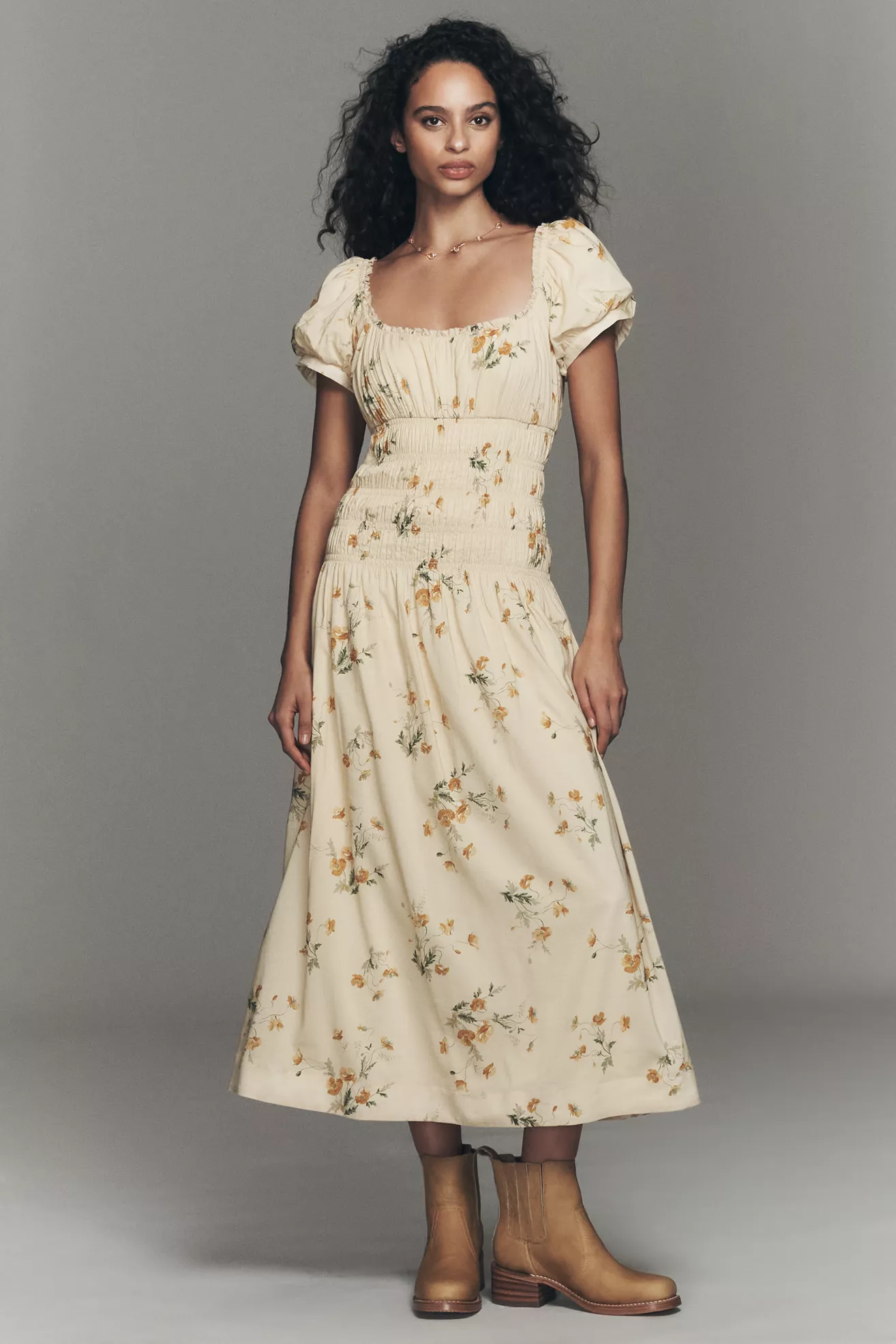 Reformation Riva Puff-Sleeve Smocked Midi Dress