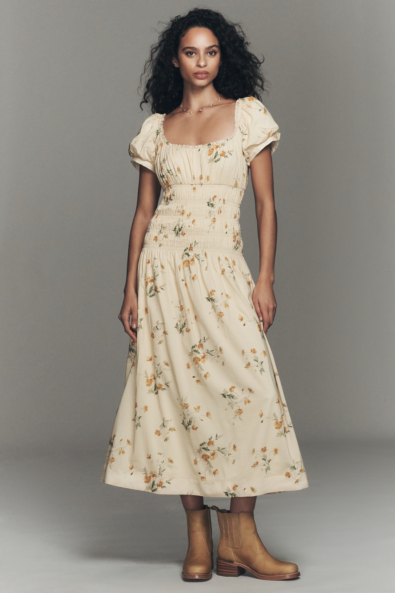 Reformation Riva Puff-Sleeve Smocked Midi Dress