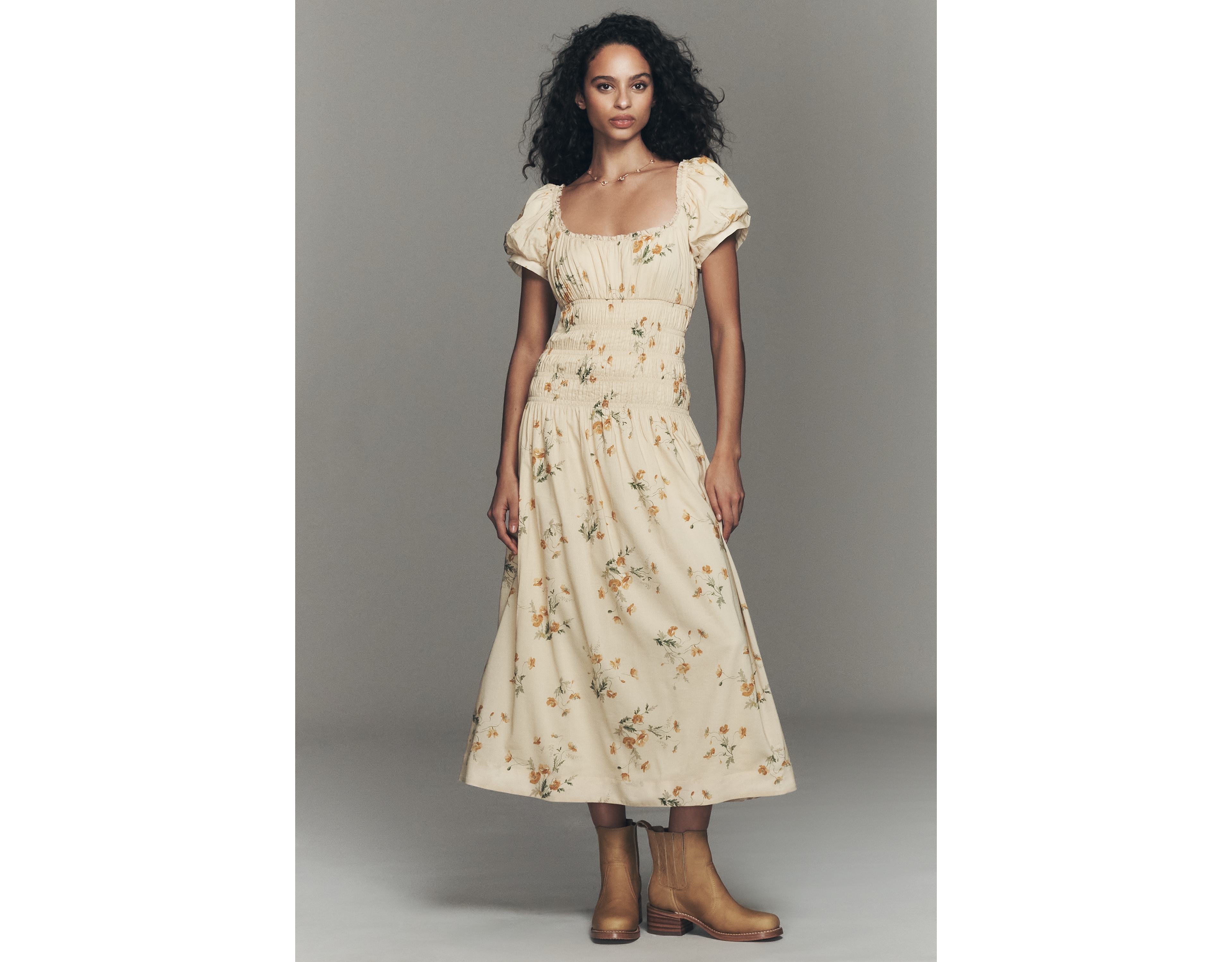 Reformation Riva Puff-Sleeve Smocked Midi Dress