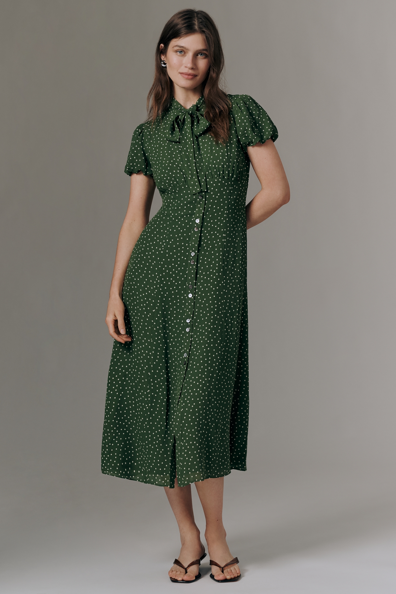 anthropologie green polka dot dress Damson Madder x Anthropologie Meri Mini Swing Dress
