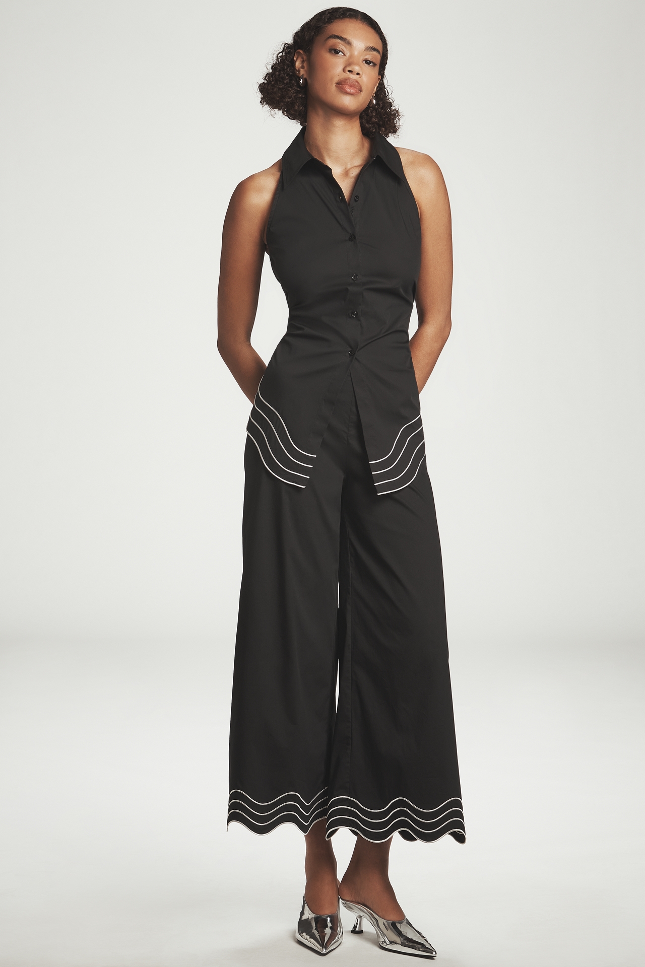SIMONMILLER Wavy Sleeveless Back-Cutout Blouse