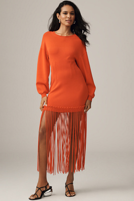 Simonmiller Wallis Long-sleeve Knit Fringe Dress In Orange