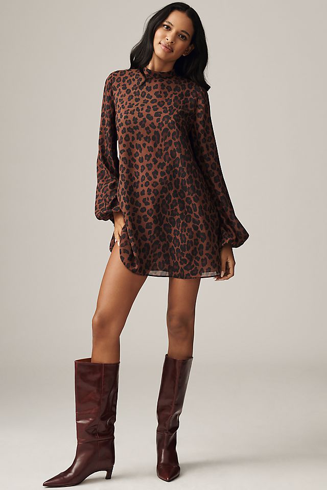 long sleeve chiffon mini dress Women's Hold On To This Tan Leopard Print | Size: M Style with knee high boots or strappy heels and gold accessories for a chic day Women's Black Chiffon Overlay Long