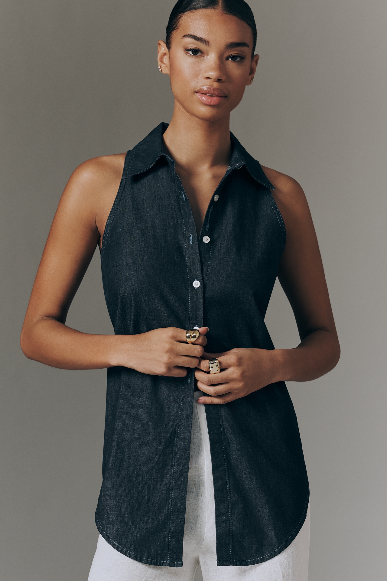 SIMONMILLER Loch Sleeveless Cotton Chambray Buttondown Shirt