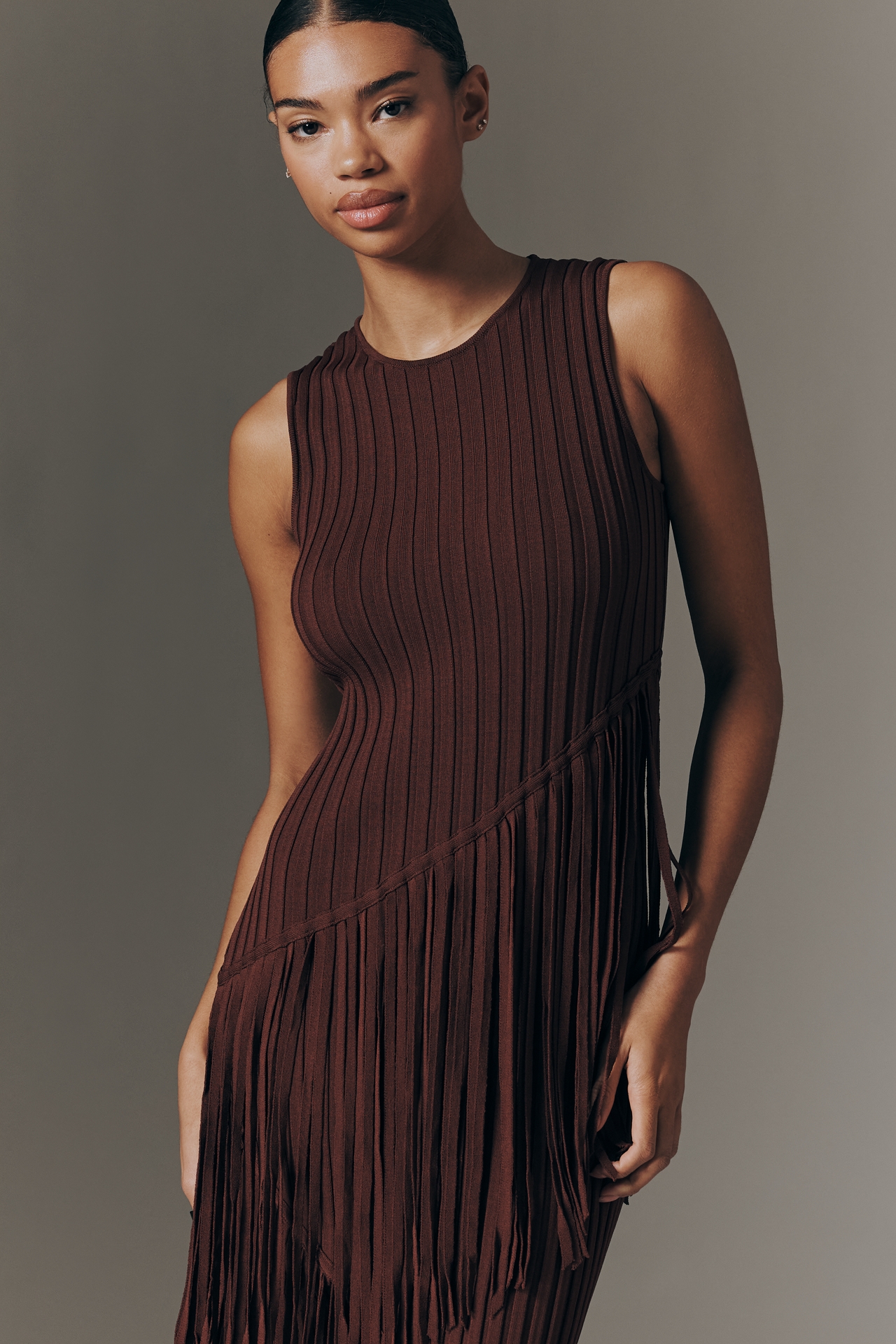 SIMONMILLER Spiral Knit Fringed Sleeveless Midi Dress