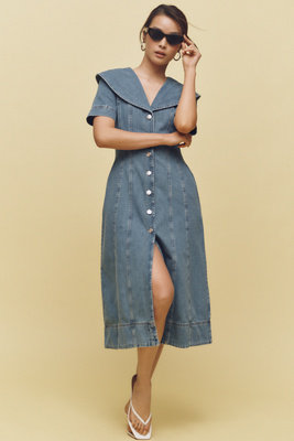 Aligne Sparrow Shawl-collar Denim Midi Dress