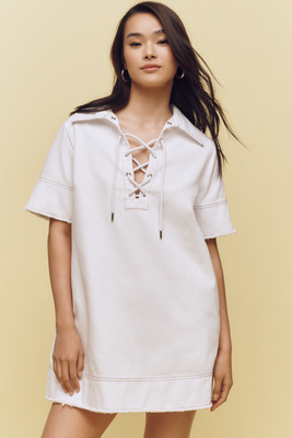 Aligne Iggy Short-sleeve Lace-up Collared Denim Mini Dress