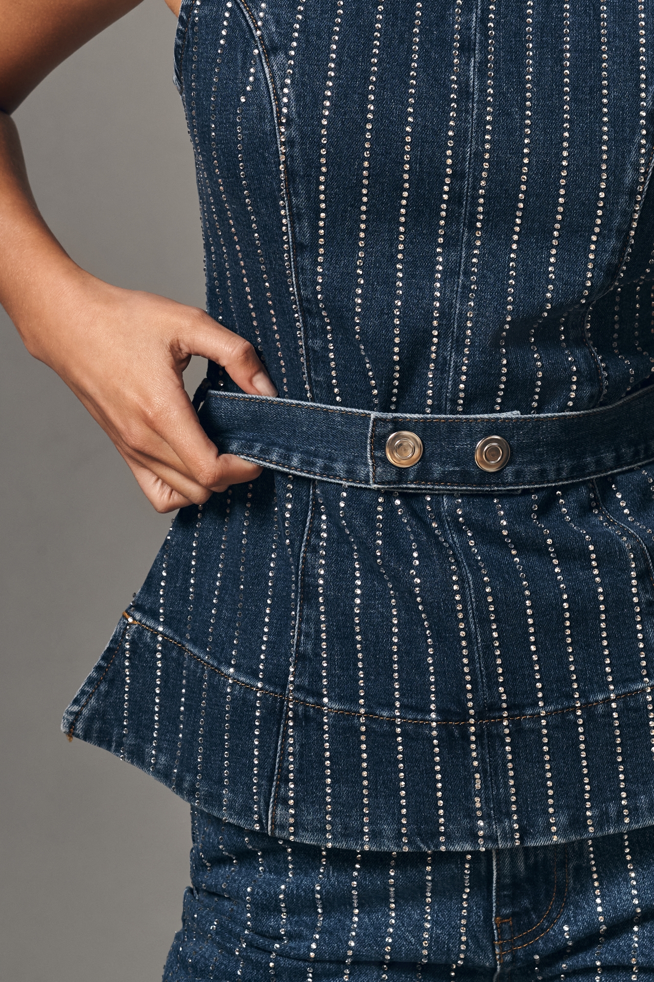 ALIGNE Diamante Denim Belted Peplum Top