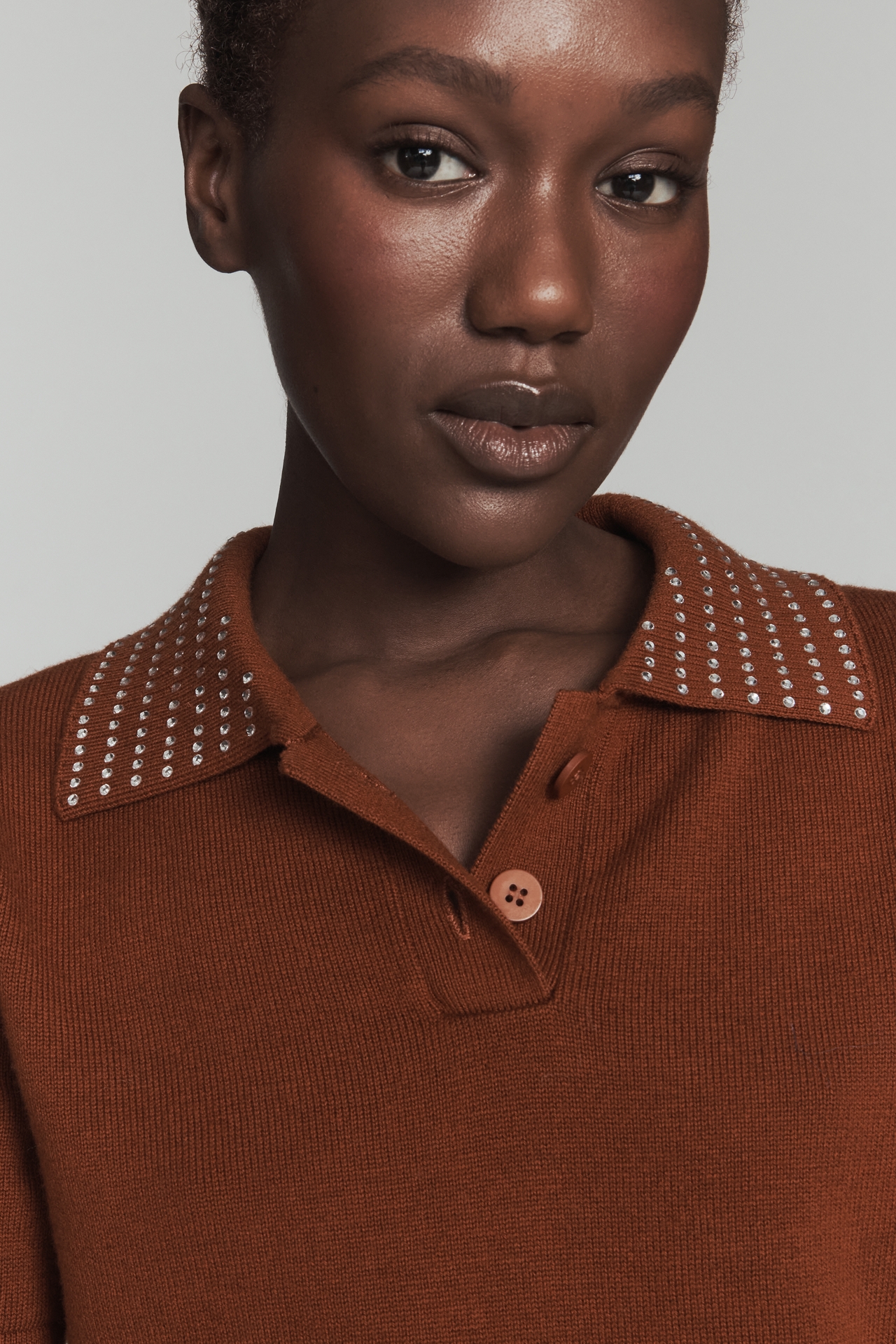 ALIGNE Anton Diamante Short-Sleeve Wool-Blend Polo Sweater