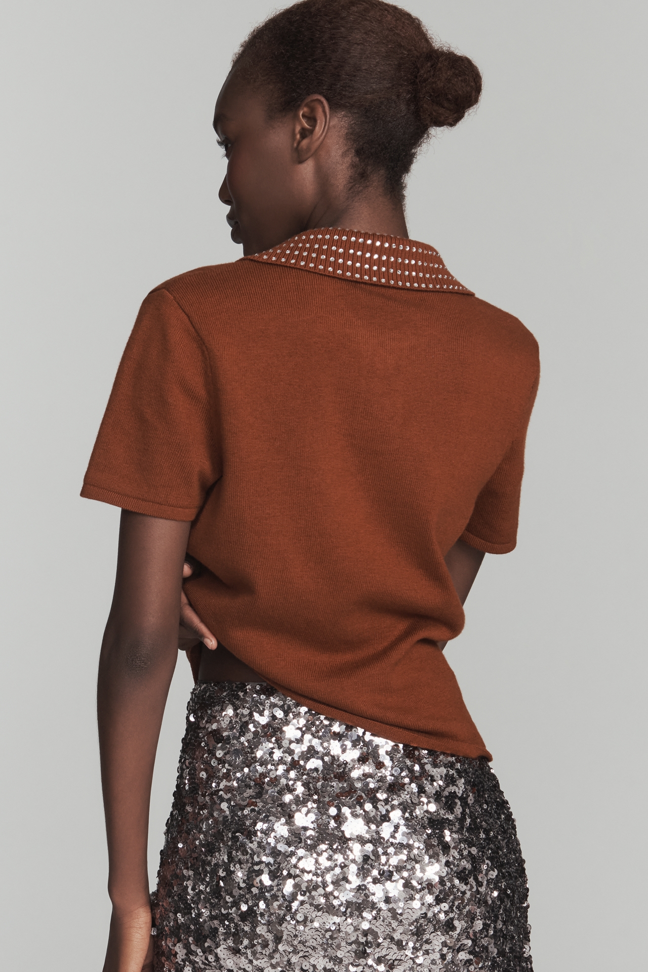 ALIGNE Anton Diamante Short-Sleeve Wool-Blend Polo Sweater