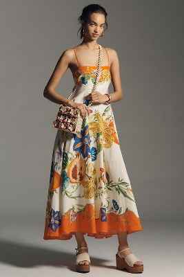 Shop Alemais Flores Square-neck Linen Midi Sundress In Multicolor