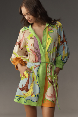 Shop Alemais Rafaela Long-sleeve Linen Mini Dress In Multicolor