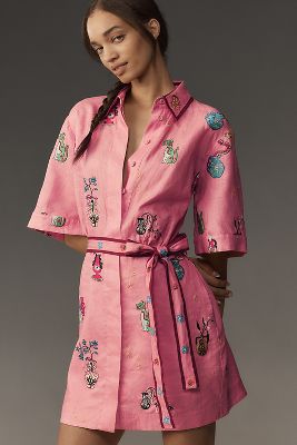 Alemais Timmy Short-sleeve Embroidered Linen Mini Dress In Pink