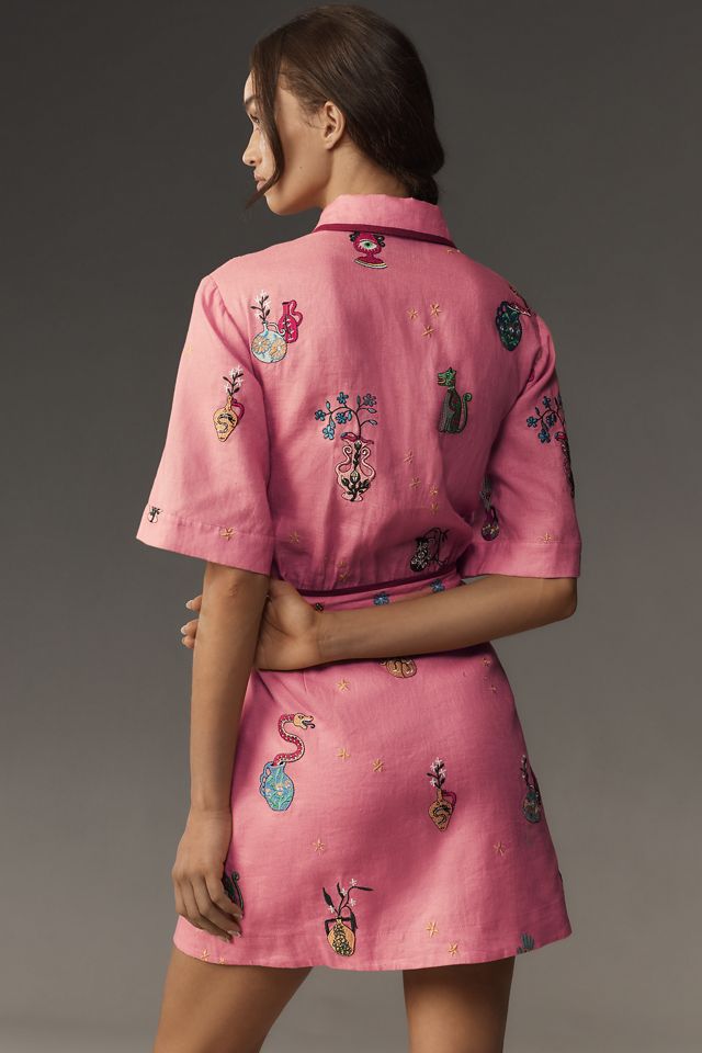 ALÉMAIS Timmy Short-Sleeve Embroidered Linen Mini Dress #1
