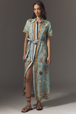 Shop Alemais Surrealist Summer Short-sleeve Linen Midi Shirtdress In Blue