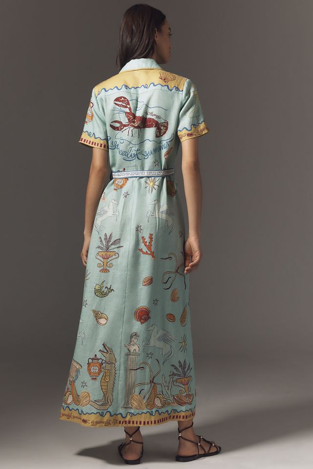 ALÉMAIS Surrealist Summer Short-Sleeve Linen Midi Shirtdress #1
