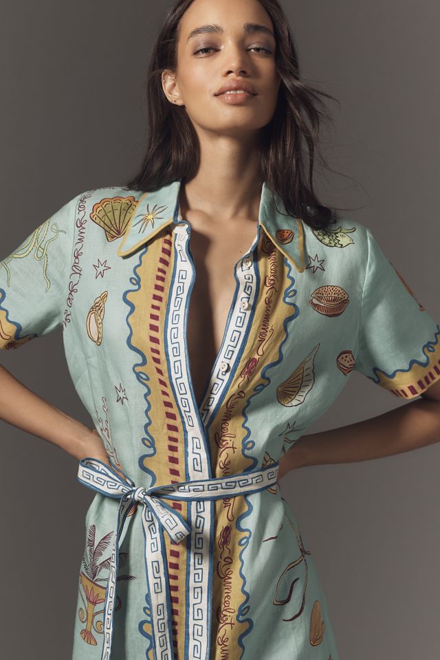 ALÉMAIS Surrealist Summer Short-Sleeve Linen Midi Shirtdress #2