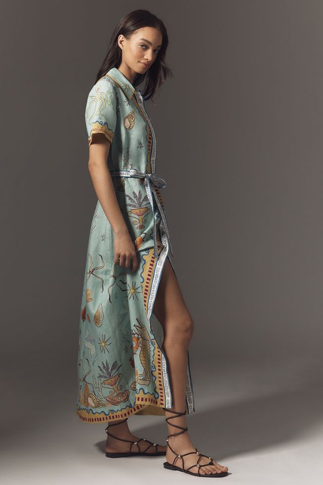 ALÉMAIS Surrealist Summer Short-Sleeve Linen Midi Shirtdress #3