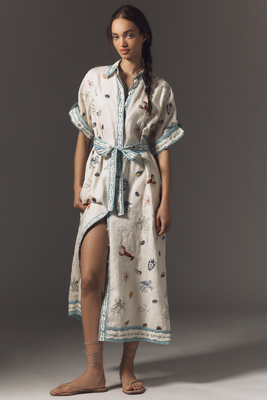 Shop Alemais Sandy Linen Short-sleeve Embroidered Midi Shirtdress In White