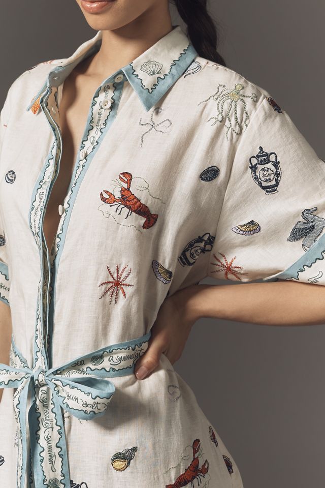 ALÉMAIS Sandy Linen Short-Sleeve Embroidered Midi Shirtdress #1